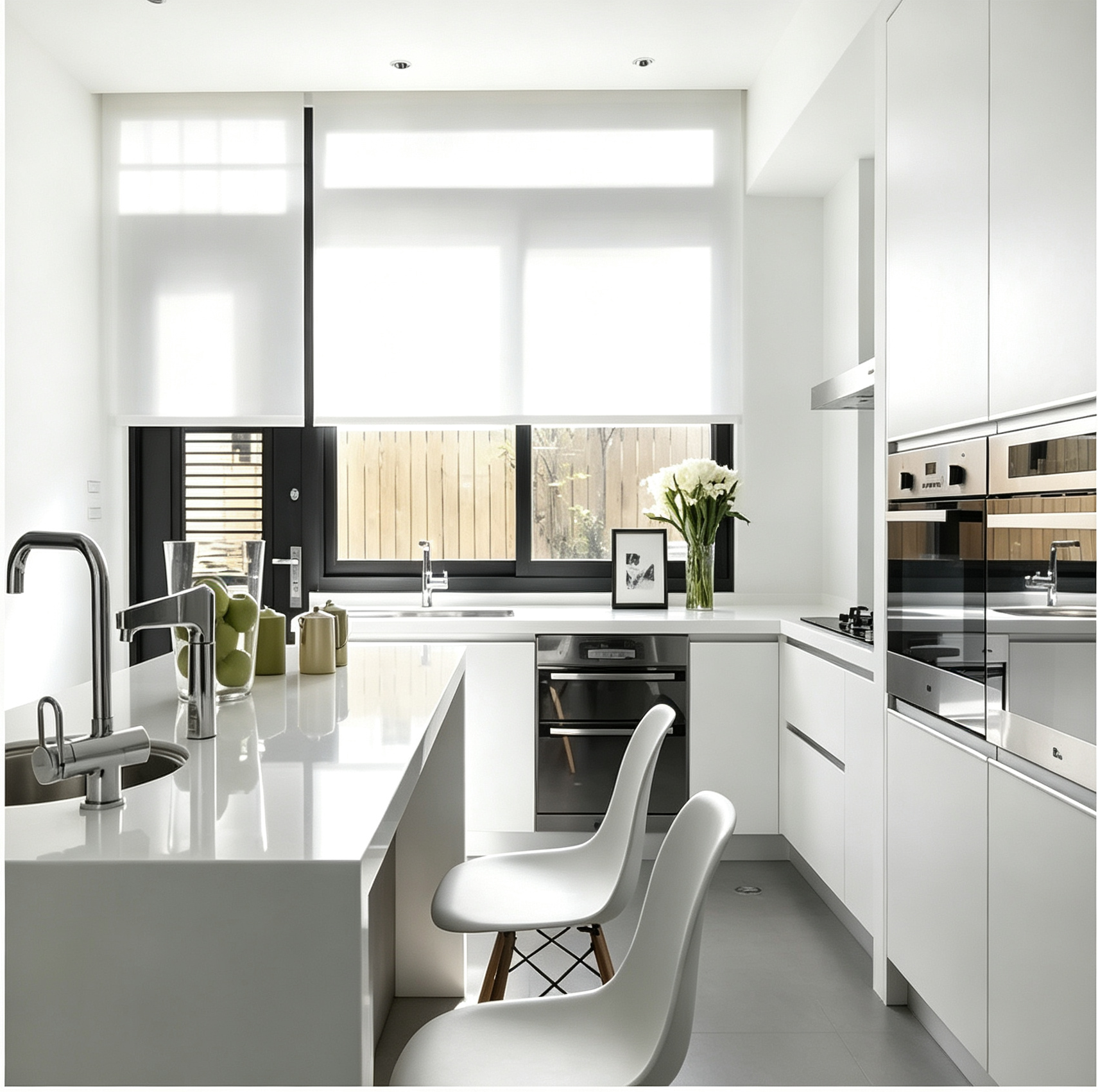 Glossy White Handleless Kitchen Cabinet With Island