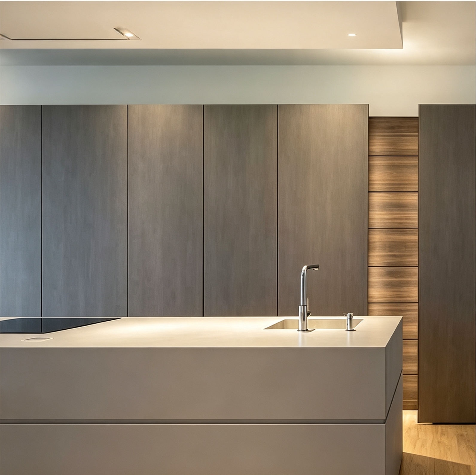 Grey Wood Kitchen Cabinet With Island
