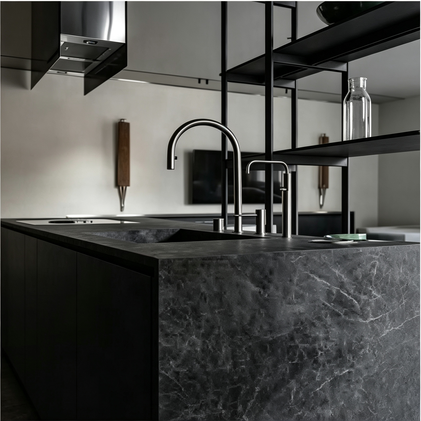Dark Wood Kitchen Cabinet With Stone Island