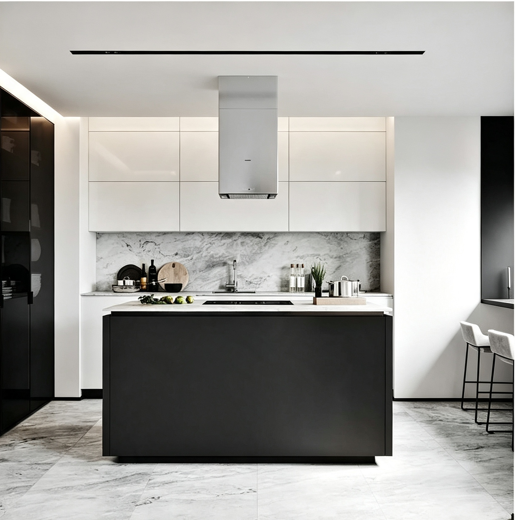 White Matte Kitchen Cabinet With Contrast Island