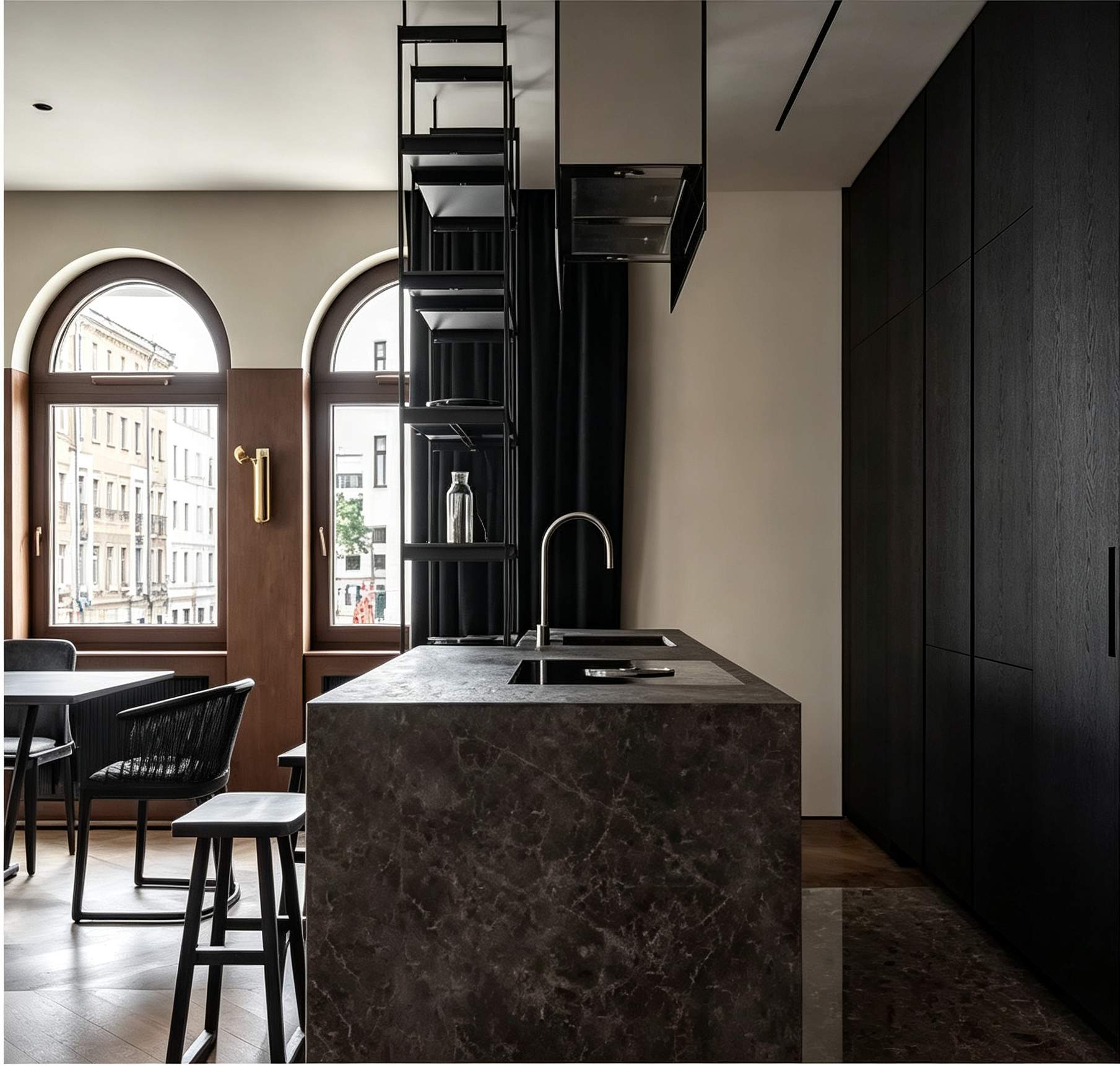 Dark Wood Kitchen Cabinet With Stone Island