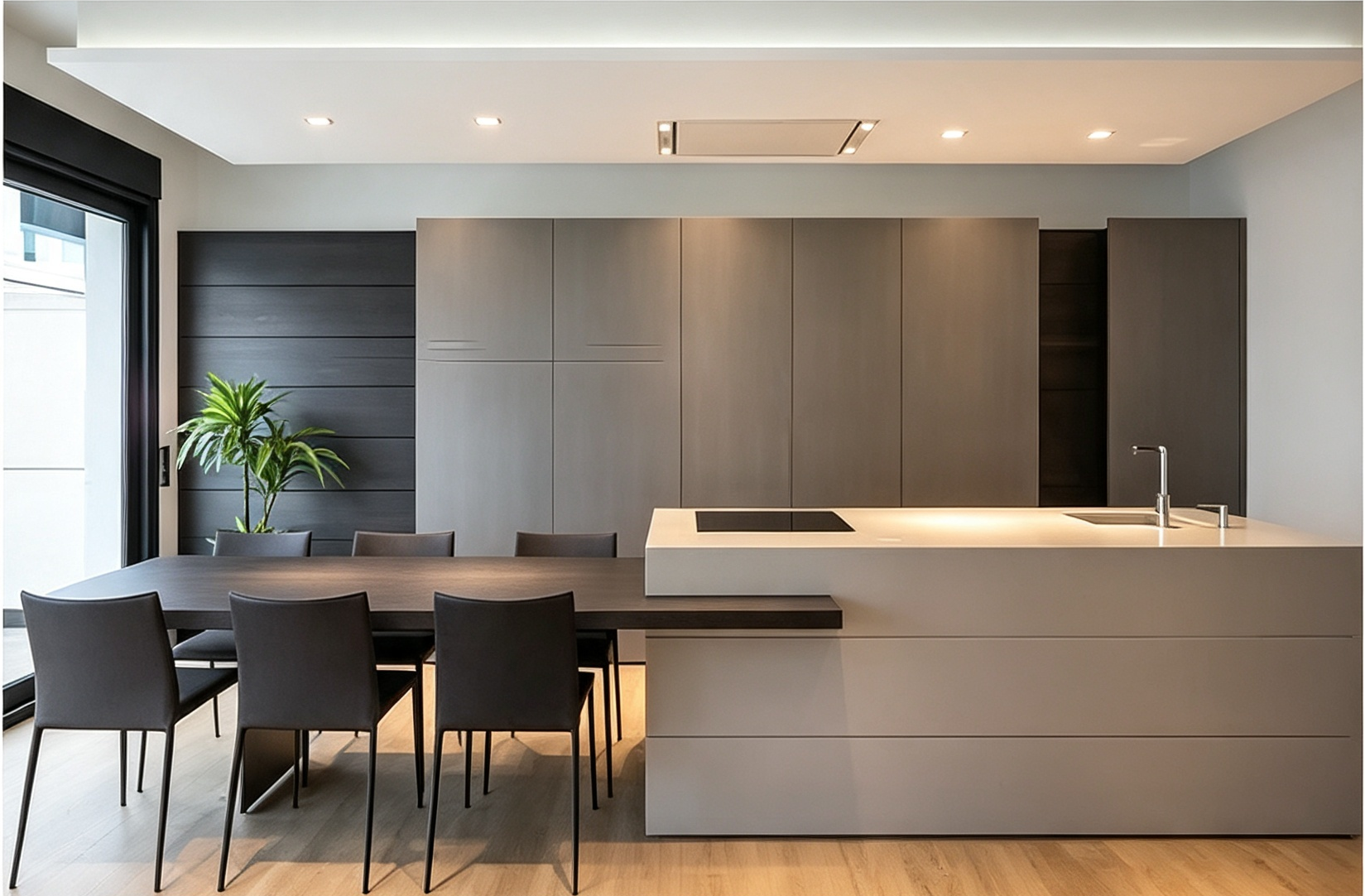 Grey Wood Kitchen Cabinet With Island