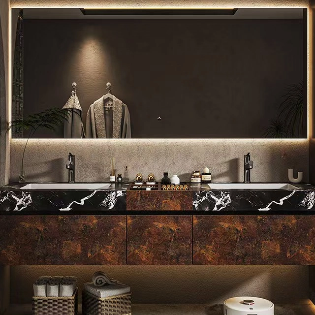 Modern Double Sink Wall Mount Vanity With Marble Look
