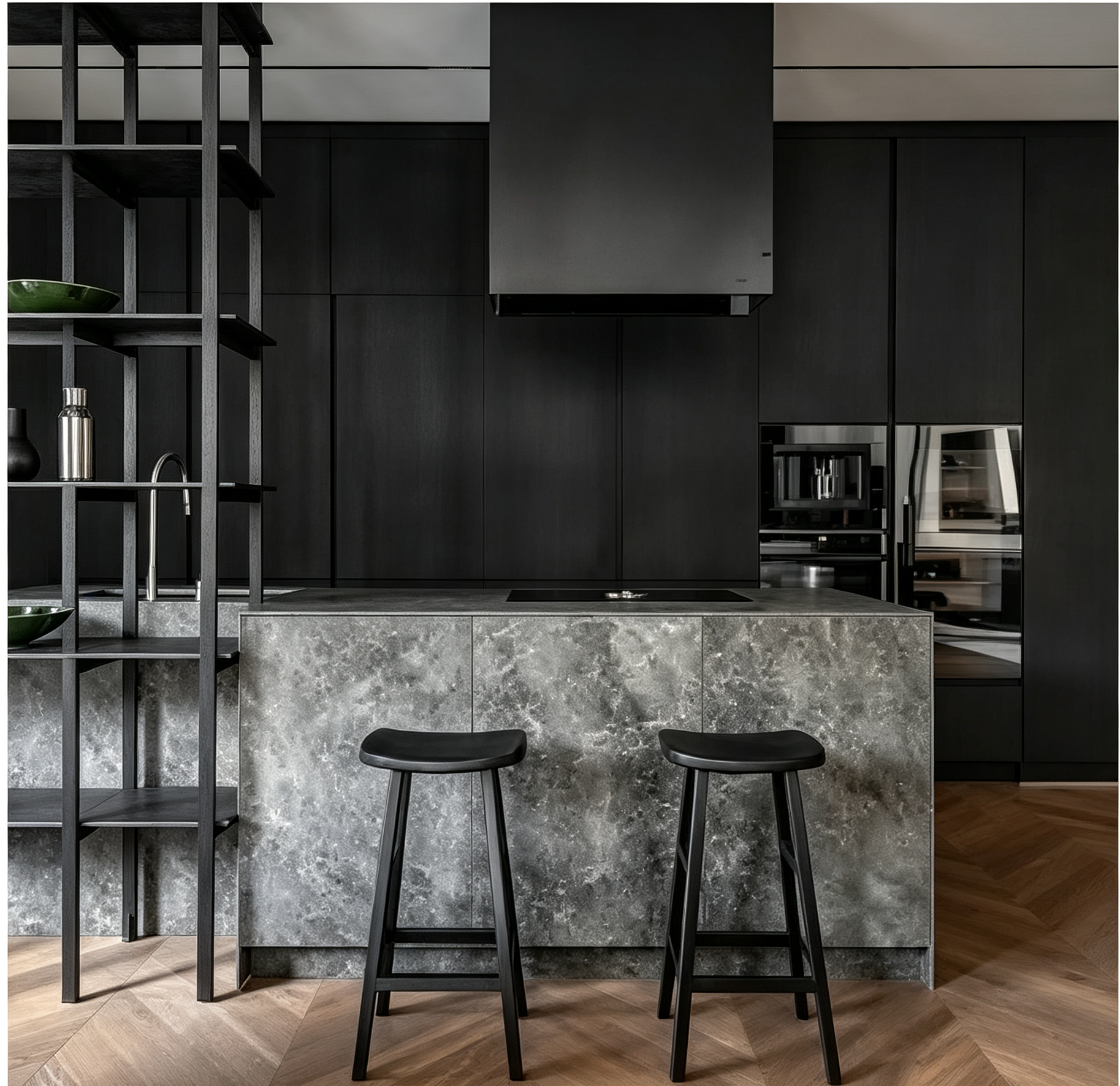 Dark Wood Kitchen Cabinet With Stone Island