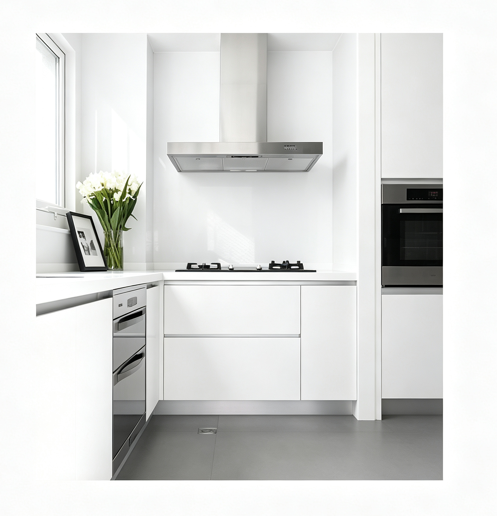 Glossy White Handleless Kitchen Cabinet With Island