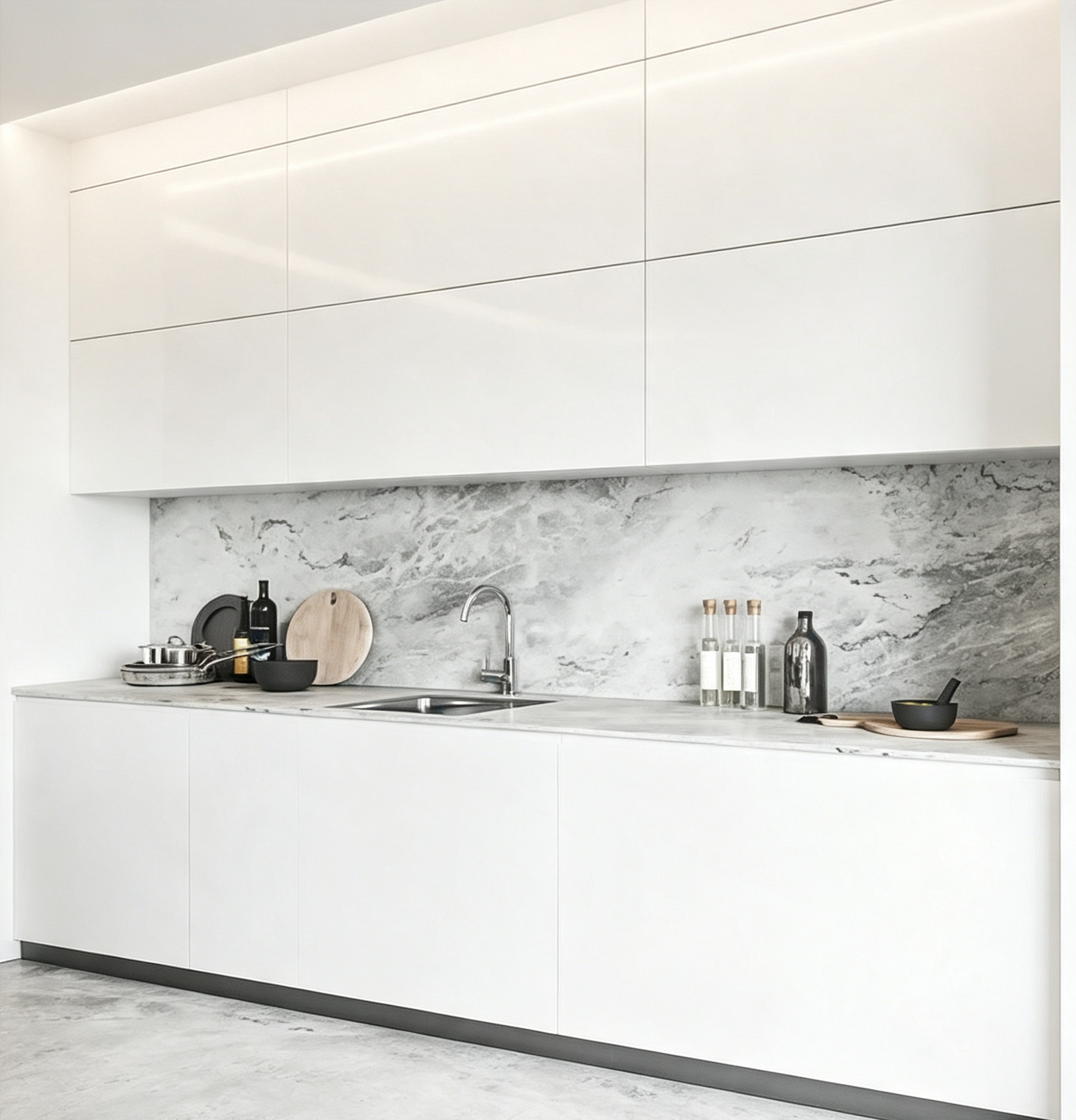 White Matte Kitchen Cabinet With Contrast Island