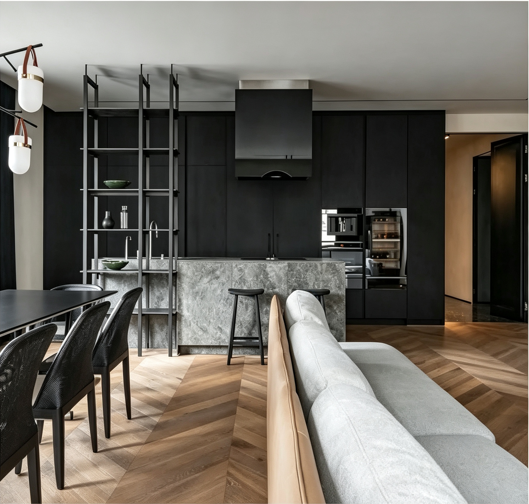 Dark Wood Kitchen Cabinet With Stone Island