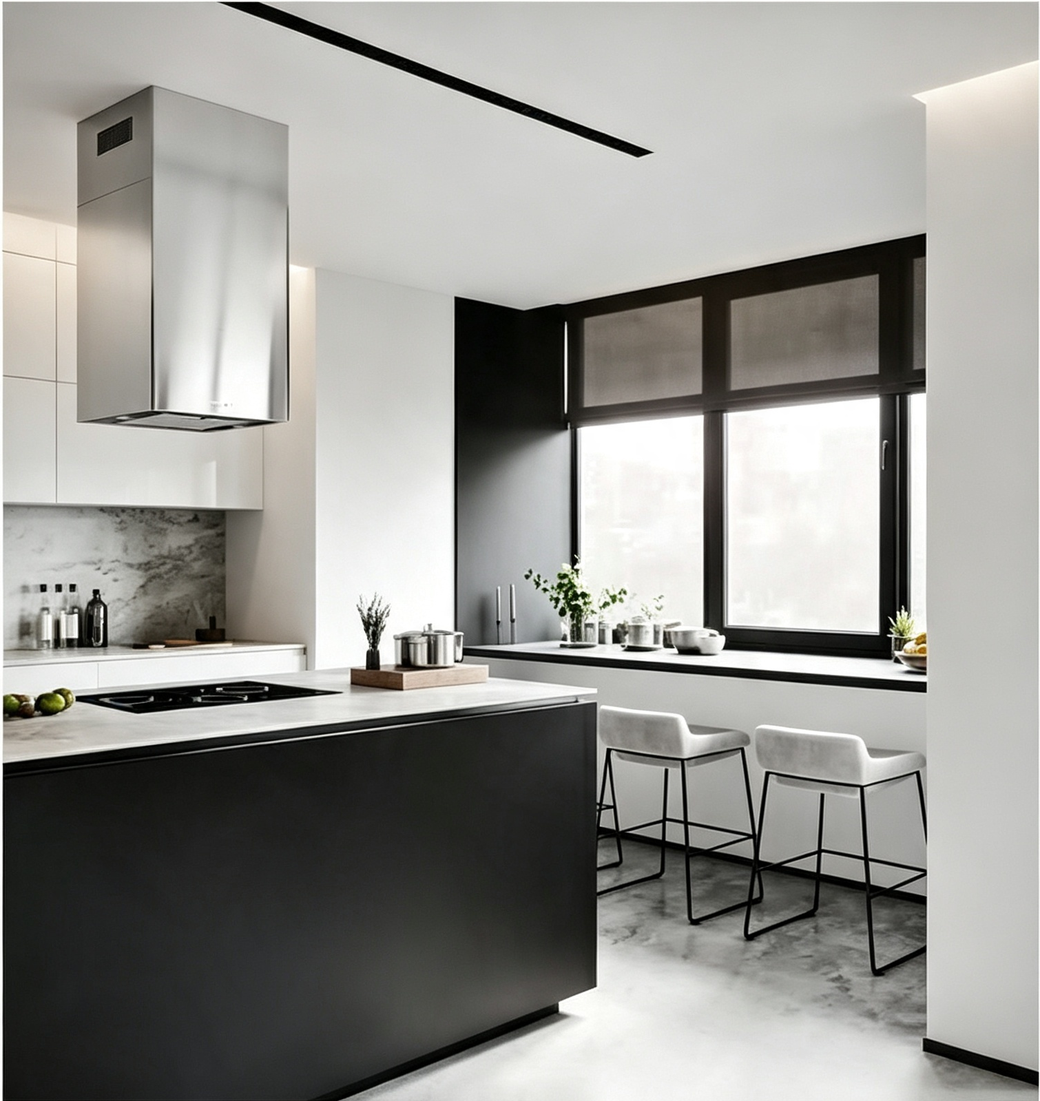 White Matte Kitchen Cabinet With Contrast Island
