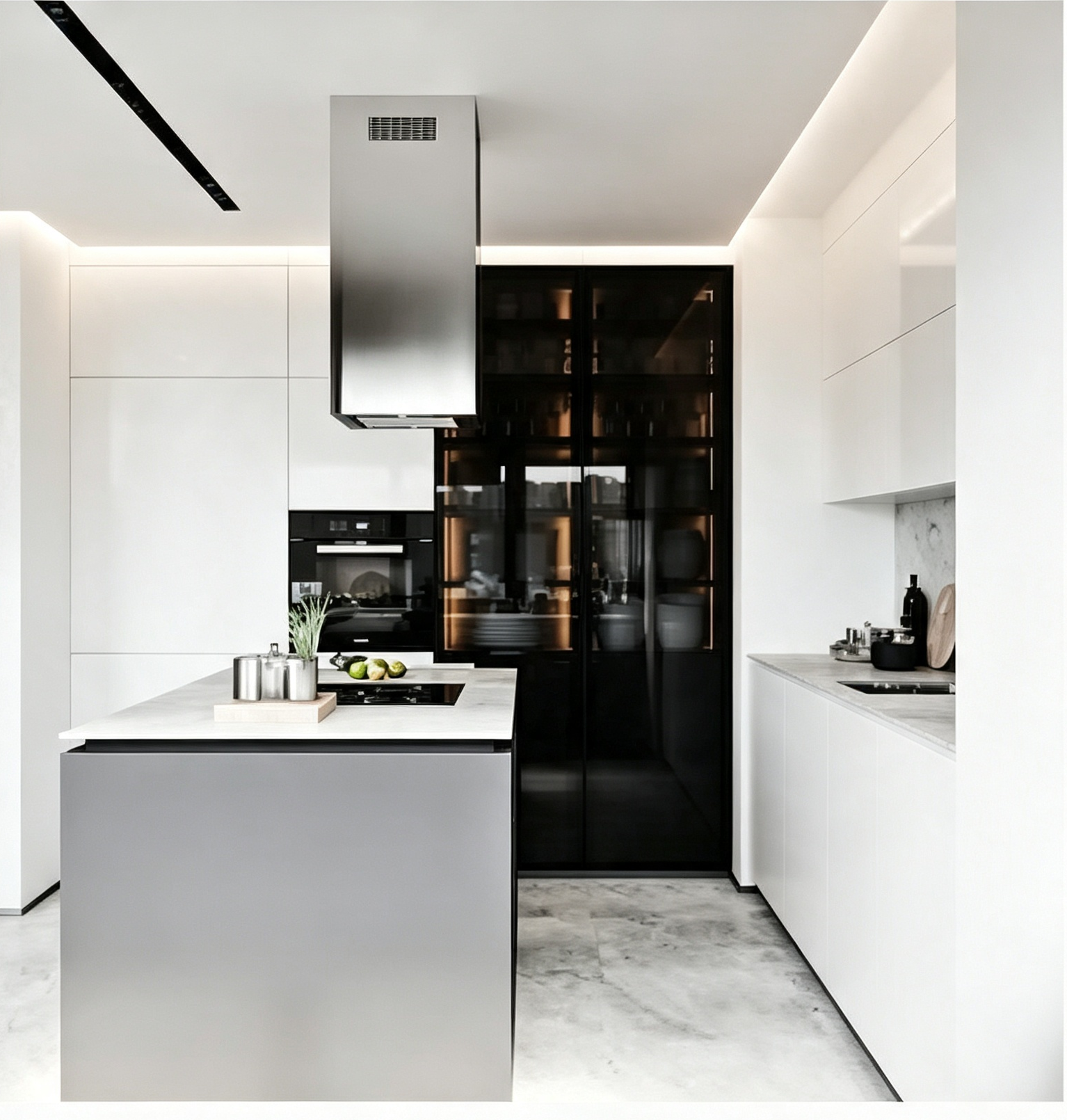 White Matte Kitchen Cabinet With Contrast Island