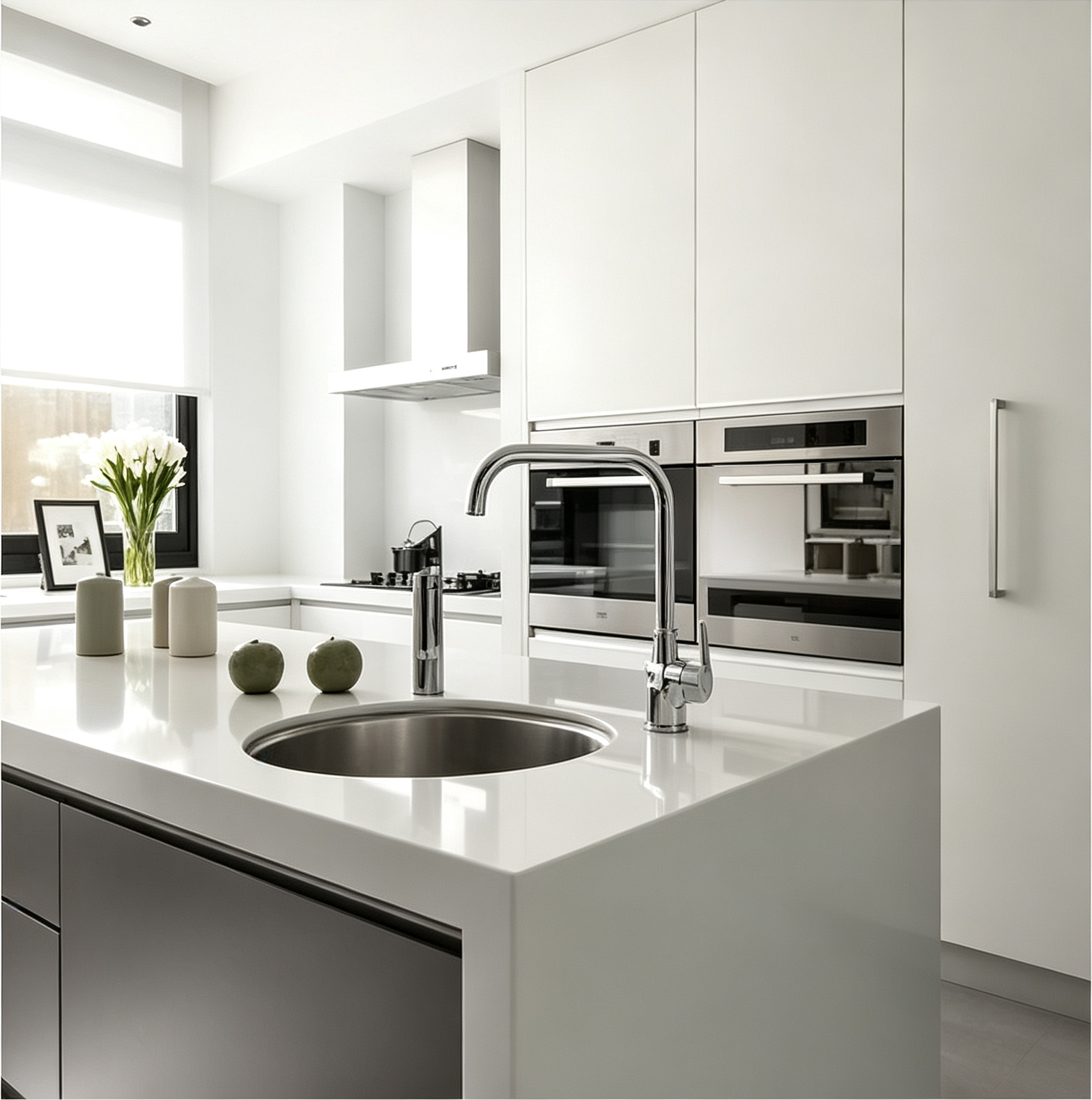 Glossy White Handleless Kitchen Cabinet With Island