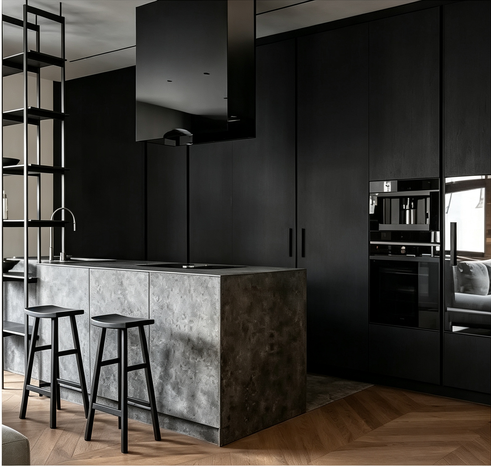 Dark Wood Kitchen Cabinet With Stone Island