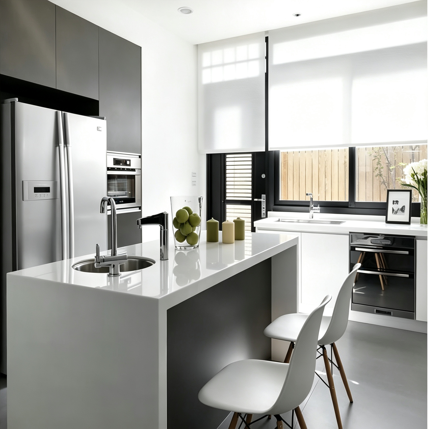 Glossy White Handleless Kitchen Cabinet With Island