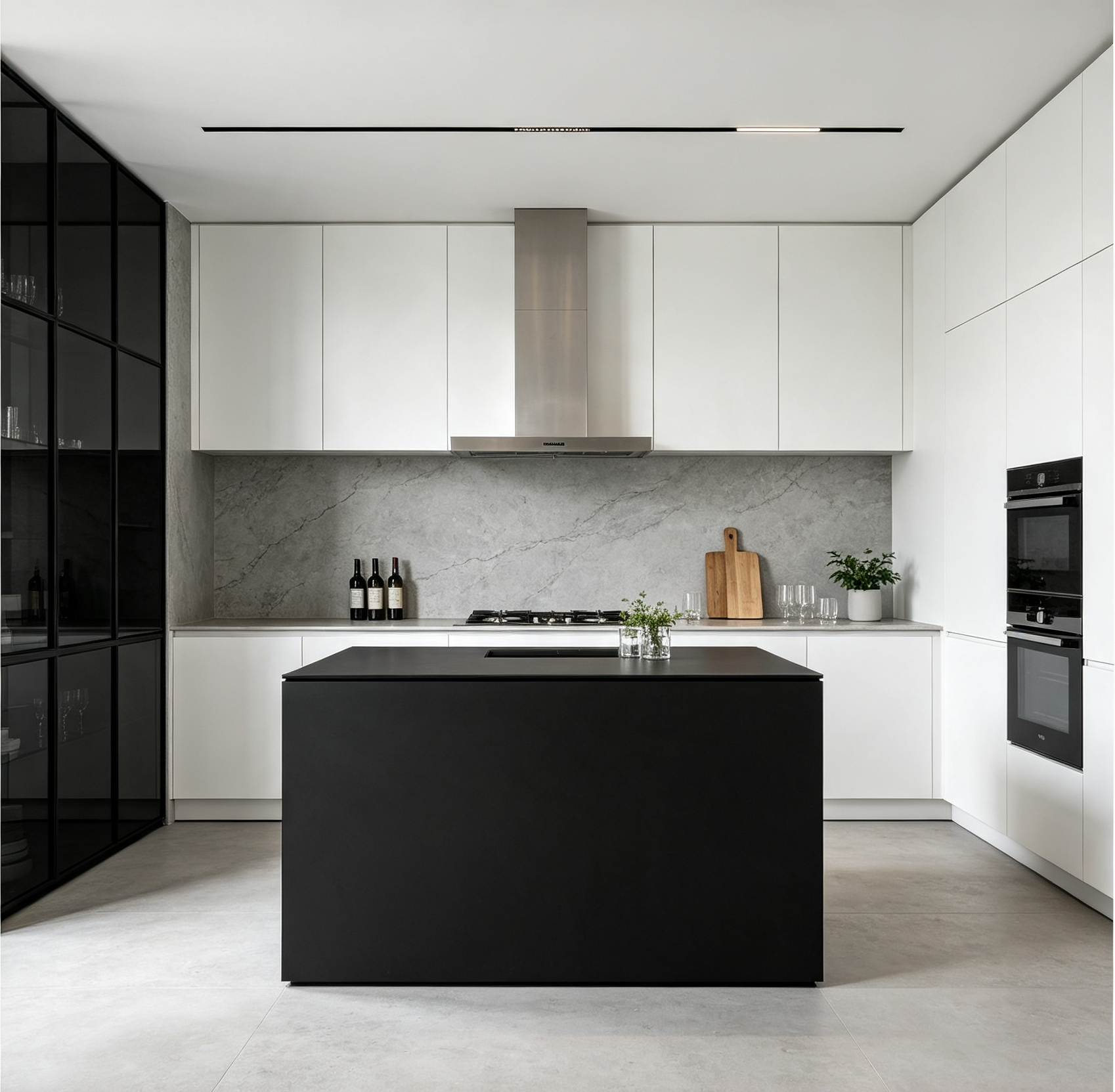 White Matte Kitchen Cabinet With Contrast Island