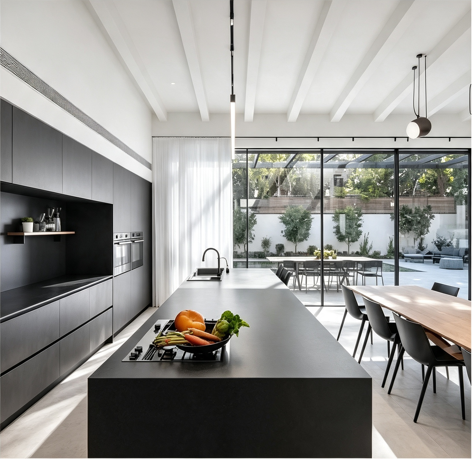 Dark Matte Kitchen Cabinet With Stone Island